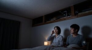 夜、日本の住宅の寝室で天井からの物音に不安を感じ、上を見上げる日本人夫婦。天井裏（階間）の暗闇にネズミの影が見える。