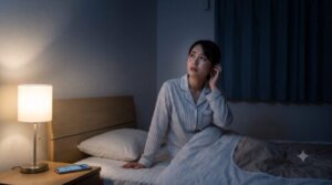 夜中に天井裏から聞こえる不気味な物音に怯え、布団の中でスマートフォンを使いネズミ駆除業者を検索する日本人女性の様子。