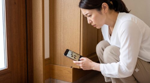 玄関先で発見した羽アリをスマートフォンのカメラで撮影して確認する日本人女性。シロアリ被害の初期発見。