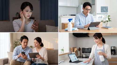 自宅で害虫を発見し、スマートフォンで対策を検索する不安な日本人女性
