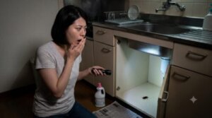 日本の自宅キッチンシンク下で懐中電灯を照らし、現れたゴキブリに驚く日本人女性。緊急性と遭遇の瞬間を描写。