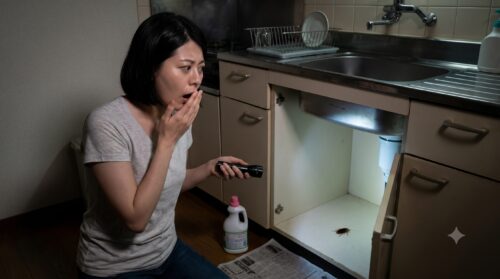日本の自宅キッチンシンク下で懐中電灯を照らし、現れたゴキブリに驚く日本人女性。緊急性と遭遇の瞬間を描写。