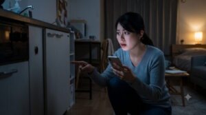深夜、一人暮らしの日本の薄暗い部屋で、出現したゴキブリにパニックになりながらスマートフォンで駆除業者を検索する日本人女性。