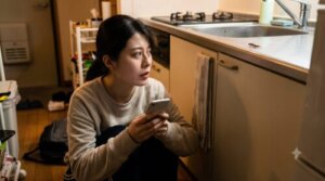 一人暮らしのワンルームアパートで、日本の若い女性が床にうずくまり、スマートフォンを手に、怯えた表情でゴキブリを目撃しているシーン。夜の室内で、不安とパニックに陥っている様子。