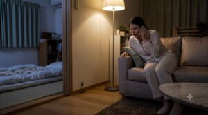 深夜のアパートのリビングルームで、スマートフォンを手に、怯えた表情でゴキブリを発見したパニック状態の日本人女性。