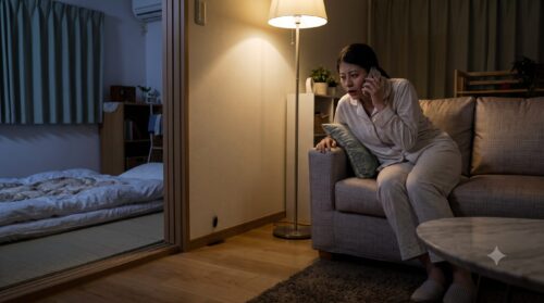 深夜のアパートのリビングルームで、スマートフォンを手に、怯えた表情でゴキブリを発見したパニック状態の日本人女性。