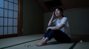 深夜、薄暗い和室で天井裏を見上げて不安そうな表情を浮かべる日本人の若い女性。足元にはネズミのフンらしきものがあり、駆除業者への依頼に迷う様子。