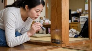 日本の住宅で壁の隅の黒いネズミの跡（ラットサイン）を心配そうに見る日本人女性