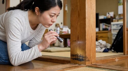 日本の住宅で壁の隅の黒いネズミの跡（ラットサイン）を心配そうに見る日本人女性