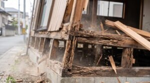 地震により傾くシロアリ被害を受けた木造住宅の土台と柱。