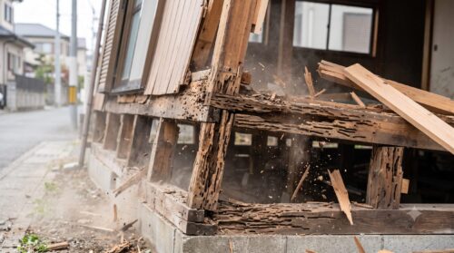 地震により傾くシロアリ被害を受けた木造住宅の土台と柱。