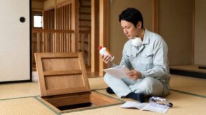 自宅の和室で、床下点検口の近くに座り、市販のシロアリ駆除剤（ミケブロックなど）のボトルや防護マスク、ゴーグルを前にして駆除計画を練る日本人男性。