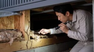 鉄骨造住宅の床下で、日本人シロアリ防除士がライトを使い、木材と断熱材に作られたシロアリの蟻道と食害を発見・点検している様子。
