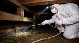 暗い床下で防護服を着た日本人作業員がホースを使いシロアリ駆除薬剤を散布している様子