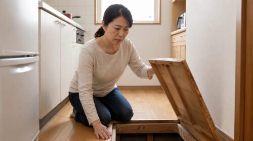 床下点検口を不安げに見つめる日本人の女性。シロアリ被害の可能性に悩む住宅所有者。