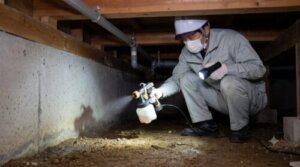 日本の戸建て住宅の床下で、日本人作業員が合成殺虫剤を散布し、シロアリ防除のバリア工法を行っている様子。
