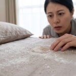 白い粉や微粒子が溜まった布団を不安そうに見つめる日本人女性。
