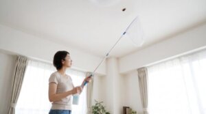 天井のゴキブリに虫取り網を近づけ、凍結スプレーを噴霧する日本人女性。安全な高所駆除の様子。