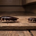木の板の上で、羽が生えた大きな成虫と羽のない小さな幼虫が並んでいる、クロゴキブリの成長段階の違い。
