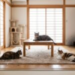 清潔なリビングでくつろぐ猫と、環境中に潜む目に見えないノミの卵、幼虫、サナギのイメージ