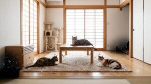 清潔なリビングでくつろぐ猫と、環境中に潜む目に見えないノミの卵、幼虫、サナギのイメージ