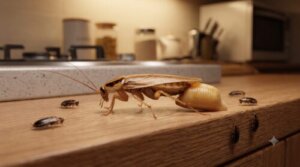 キッチンの木製棚で卵鞘（らんしょう）を抱えたチャバネゴキブリの雌と周囲の幼虫。爆発的な繁殖力を示す生態。