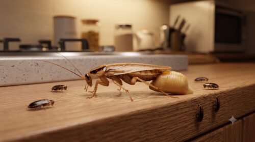 キッチンの木製棚で卵鞘（らんしょう）を抱えたチャバネゴキブリの雌と周囲の幼虫。爆発的な繁殖力を示す生態。