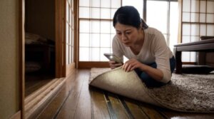 和室でカーペットをめくり、ライトで床板の隙間やカーペットの繊維の奥を照らしてノミの生息場所を確認する日本人女性の様子。