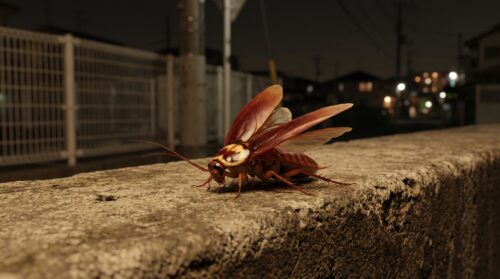 日本の都市部のコンクリートの縁に止まる、光沢のある茶褐色のワモンゴキブリの成虫。 pronotumに特徴的な黄白色の環状紋が見える。