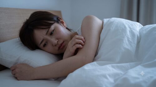 寝具の中で腕をかき、ダニ被害に悩む日本人女性の様子