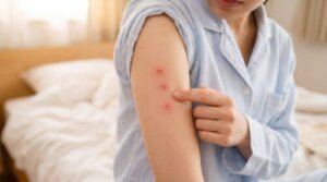 朝、寝室で日本人の女性が自分の腕にある直線状に並んだ3つの虫刺され跡（点々3つ）を指さして心配そうに見つめているクローズアップ写真。トコジラミの連続吸血行動を示唆する症状。