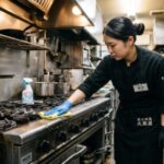 厨房のガスコンロ周りをクロスで丁寧に拭き上げて油汚れを除去する日本人の清掃風景