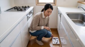 台所でゴキブリホイホイを点検し、捕獲されたチャバネゴキブリとクロゴキブリを観察する日本人女性。