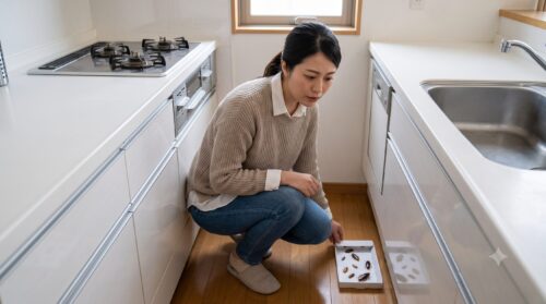 台所でゴキブリホイホイを点検し、捕獲されたチャバネゴキブリとクロゴキブリを観察する日本人女性。