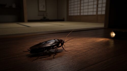 暗い和室の木の床を這う、光沢のある大きなクロゴキブリの夜間の様子。