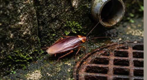 沖縄の下水道や湿った環境に生息するワモンゴキブリの成虫。錆びた格子状のマンホールや排水管の近くで活動する様子。