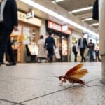 大阪の地下街の床を素早く這う、巨大な茶褐色のワモンゴキブリ成虫。素早さと都市環境での発生を強調。