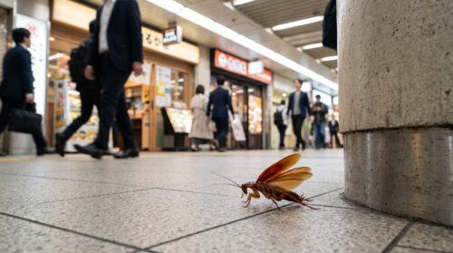 大阪の地下街の床を素早く這う、巨大な茶褐色のワモンゴキブリ成虫。素早さと都市環境での発生を強調。