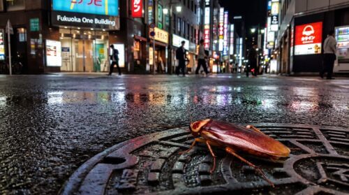 夜の福岡・天神地区のマンホール蓋の上を這う、大型のワモンゴキブリ。濡れた路面がネオンを反射する中、市街地での発生状況を示す。