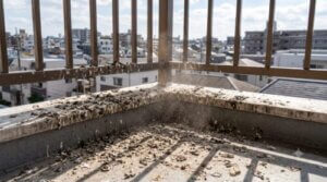 日本の住宅のベランダに放置され、風で粉塵が舞い上がる乾燥した鳩のフン。