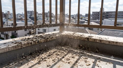 日本の住宅のベランダに放置され、風で粉塵が舞い上がる乾燥した鳩のフン。
