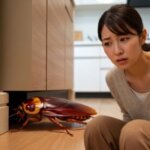 東京のマンションのキッチンで、物陰から現れた大型のワモンゴキブリに驚き、恐怖と不快感を感じる日本人女性。