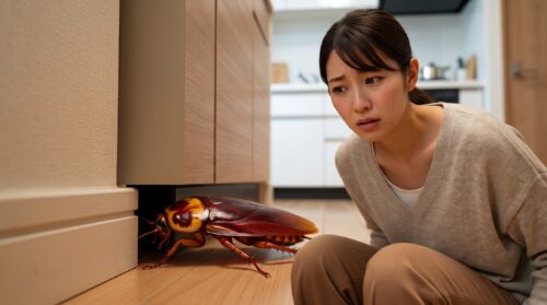 東京のマンションのキッチンで、物陰から現れた大型のワモンゴキブリに驚き、恐怖と不快感を感じる日本人女性。